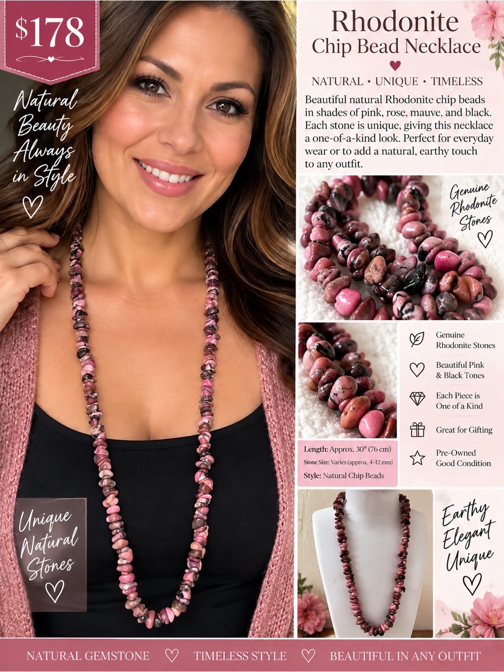 Rhodonite Chip Bead Necklace - Pink & Black - Unbranded